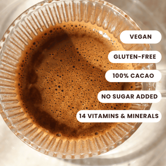 Features of Super Mocha: Vegan, Gluten-free, 100% cacao, No added sugar, 14 vitamins and minerals.